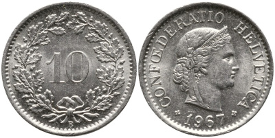 ШВЕЙЦАРИЯ 10 РАППЕНОВ 1967 В KM 27 медно-никель 4539-511