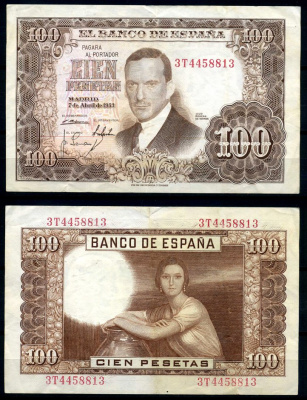 Испания 100 песет 1953 7 апреля 1953, Хулио Ромеро де Торрес Pick 145а бумага 8619-8-1-1