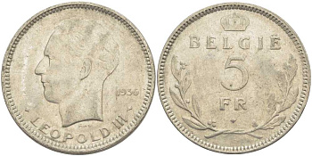 Бельгия 5 франков 1936 Леопольд III (1934-1951), Belgie KM 109 никель 3851-525