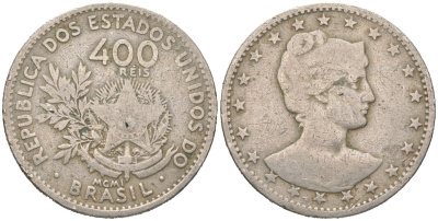Бразилия 400 реалов 1901 MCMI, голова свободы вправо KM 505 медно-никель 4612-453