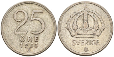 Швеция 25 эре 1950 TS, Густав V (1907-1950) KM 816 серебро 4147-1021