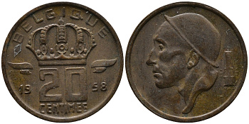 Бельгия 20 сантимов 1958 Belgique, Бодуэн I (1951-1993) KM 147.1 бронза 99-345