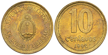 Аргентина 10 сентаво 1992 герб KM 107, CJ 3, Schon 110 алюминиевая бронза 4609-1248