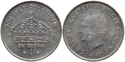 Швеция 1 крона 2003 Карл XVI Густав (1973- ) KM 894 медно-никель 4179-1244
