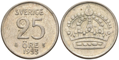 Швеция 25 эре 1953 TS, Густав VI Адольф (1950-1973) KM 824 серебро 4147-1031