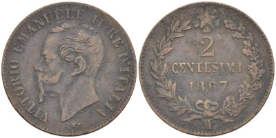 ИТАЛИЯ 2 ЧЕНТЕЗИМО 1867 М, МОНДВОР МИЛАН, ВИКТОР ЭММАНУИЛ II (1861-1878) KM 2.1 медь 4182-1224
