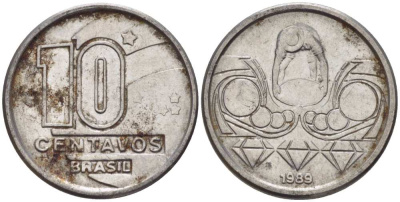 Бразилия 10 сентаво 1989 золотодобыча KM 613 нержавеющая сталь 112-1256