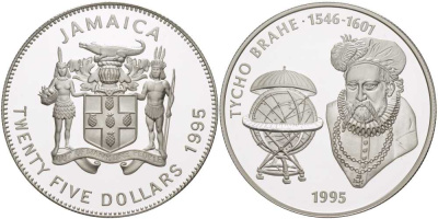 Ямайка 25 долларов 1995 Тихо Браге (1546-1601), датский ученый и астроном, глобус мира KM 170 серебро  PROOF  1080-8-53