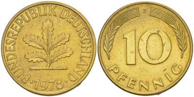 ФРГ 10 ПФЕННИГОВ 1978 F KM 108, J.383 сталь плакированная латунью 4544-1131