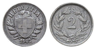 Швейцария 2 раппена 1942 B KM 4.2b цинк 46-942