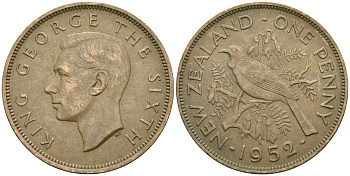 Новая Зеландия 1 пенни 1952 Птица Туи, Король Георг VI (1937 - 1952) KM 21 бронза 4542-932