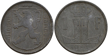 Бельгия 1 франк 1942 Belgique - Belgie, Леопольд III (1934-1947), германская оккупация, Вторая мировая война KM 127 цинк 4161-452