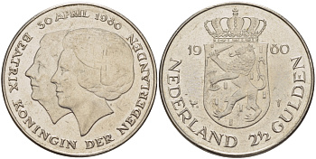 Нидерланды 2 1/2 гульдена 1980 коронация Беатрикс, 30 апреля 1980 KM 201 никель 38-115