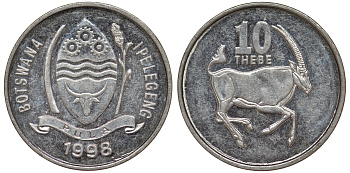 Ботсвана 10 тхебе 1998 сернобык KM 27 никелированная сталь 4164-539