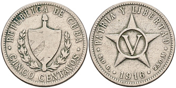 Куба 5 сентаво 1916 звезда, республика (1915-1961) KM 11.1 медно-никель 113-1024