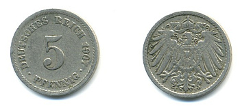 ГЕРМАНИЯ 5 ПФЕННИГОВ 1907 F, KM 11, J. 12 медно-никель 4379-544