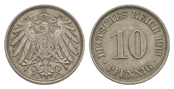 Германия 10 пфеннигов 1913 J, Вильгельм II (1888-1918) KM 12, J. 13 медно-никель 4640-329