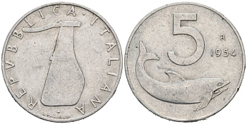 Италия 5 лир 1954 R, руль, дельфин KM 92 алюминий 4567-346