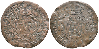 Португалия 5 рейсов 1799 королева Мария I (1786-1799) KM 305 медь    4607-1121