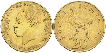 ТАНЗАНИЯ 20 СЕНТИ 1973 СТРАУС KM 2 никелированная латунь Aunc 4556-436
