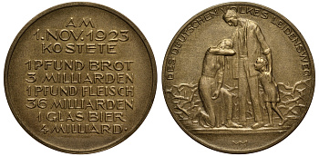 Германия медаль 1923 гиперинфляция, цены на продукты 1 ого ноября в Саксонии, 9,65 гр, 32 мм бронза 413-2921
