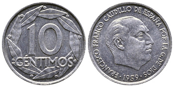 Испания 10 сентимо 1959 Франсиско Франко (1939-1975) KM 790 алюминий    4608-535
