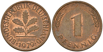 ФРГ 1 пфенниг 1979 F KM 105, J. 380 сталь плакированная медью    4598-563