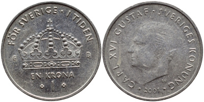 Швеция 1 крона 2001 Карл XVI Густав (1973- ) KM 894 медно-никель 4364-2731