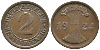 ГЕРМАНИЯ 2 РЕНТЕНПФЕННИГА 1924 A KM 31, J.307 бронза 73-1354