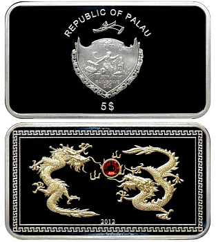 Палау 5 долларов 2012 год дракона, страз, позолота, оригинальная коробка, тираж 350 экземпляров серебро PROOF 2-4-2-21