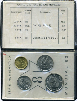 Испания официальный набор из 4 монет (1, 5, 25 и 50 песет) 1980 (1981) чемпионат мира по футболу в Испании 1982 года KM MS11a (816, 817, 818 и 819) UNC 3-4-3-26