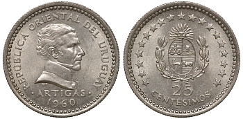 Уругвай 25 сентесимо 1960 KM 40 медно-никель 4169-1012