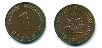 ФРГ 1 пфенниг 1977 J KM 105, J.380 сталь плакированная медью 3999-1157