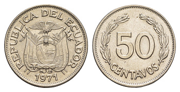 Эквадор 50 сентаво 1971 редкий год KM 81 сталь плакированная никелем UNC 4641-612