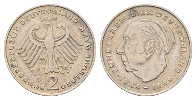 ФРГ 2 марки 1974 D, Теодор Хойс, 20 лет Федеративной Республике (1949-1969) KM A127, J. 407 медно-никель плакированный никелем 186-1233