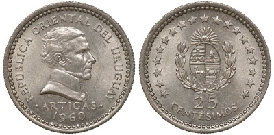 Уругвай 25 сентесимо 1960 KM 40 медно-никель 4169-1012