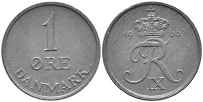 ДАНИЯ 1 ЭРЕ 1966 C; S, ФРЕДЕРИК IX (1947-1972) KM 839.2 цинк UNC 100-654