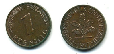 ФРГ 1 пфенниг 1977 J KM 105, J.380 сталь плакированная медью 3999-1157