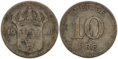 Швеция 10 эре 1918 Густав V (1907-1950) KM 780 серебро 4154-744