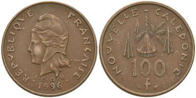 Французская Новая Каледония 100 франков 1996 хижина среди сосен и пальм, (IEOM) KM 15, Schoen 16, Lec 139 никель латунь 4140-1024