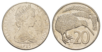 Новая Зеландия 20 центов 1985 Елизавета II (1952-2022), птичка киви KM 36 медно-никель 87-1325