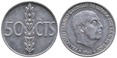 ИСПАНИЯ 50 СЕНТИМО 1966 (67) ФРАНСИСКО ФРАНКО ДИКТАТОР ИСПАНИИ (1939-1975) KM 795 алюминий 26-939