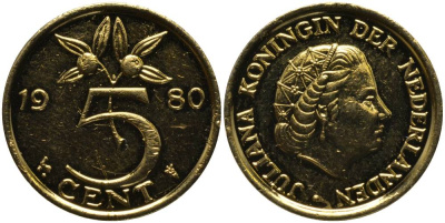 Нидерланды 5 центов 1980 Юлиана (1948-1980), ПОЗОЛОТА KM 181 бронза 181-713