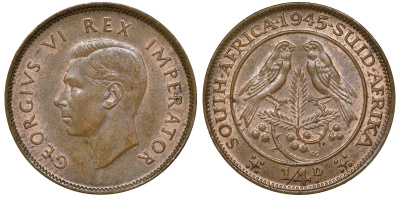 Южная Африка 1/4 пенни 1945 Георг VI, воробьи KM 23 бронза UNC 51-1832