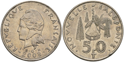 Французская Новая Каледония 50 франков 2008 хижина среди сосен и пальм, (IEOM) KM 13a, Schoen 15a, Lec 128i медно-никель 4111-523