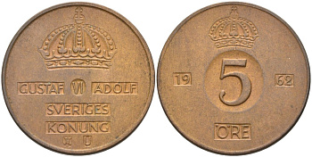 Швеция 5 эре 1962 U, Густав VI Адольф (1950-1973) KM 822 бронза 4557-815