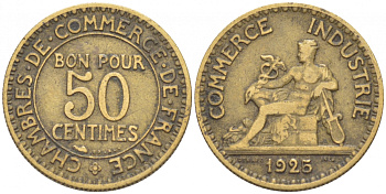 ФРАНЦИЯ 50 САНТИМОВ 1923 CHAMBRES DE COMMERCE KM 834, LE FRANC 191.6 алюминиевая бронза 3309-1027