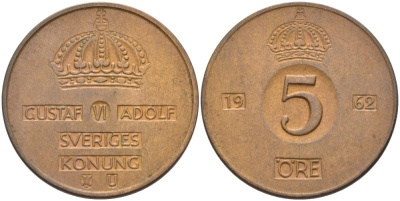 Швеция 5 эре 1962 U, Густав VI Адольф (1950-1973) KM 822 бронза 4557-815
