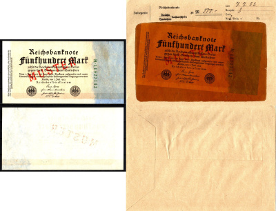 Германия 500 марок 1922 7 июля, зеленый номер, MUSTER, образец, Specimen. В оригинальном банковском конверте. Из коллекции Отто Сейфферта (помощник Ялмара Шахта - министра экономики Германии и президента Рейхсбанка времен третьего рейха) Pick 74 s, Grabow