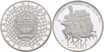 Сан-Марино 500 лир 1990 Чемпионат мира по футболу в Италии 1990 года KM 146 серебро PROOF 00-00